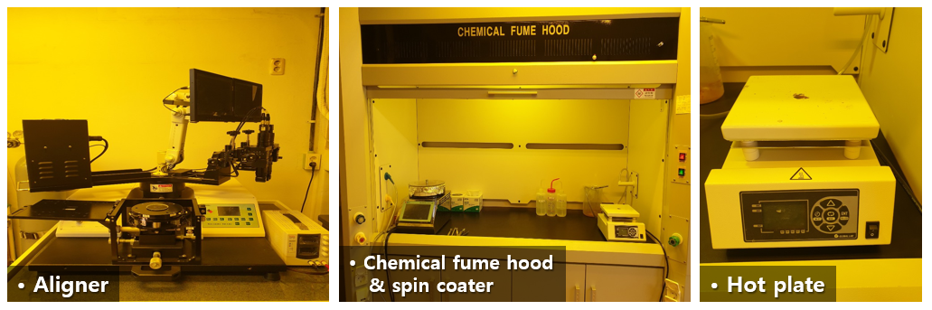 Mask aligner, chemical fume hood, spin coater, hot plate